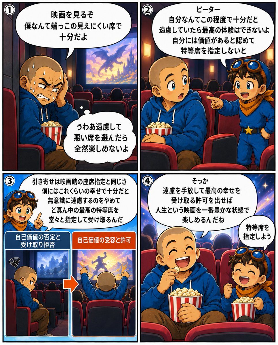 pepe222peter's tweet photo. 「僕なんてこの程度で十分…」と、
無意識に遠慮していませんか？🍿

引き寄せは「映画館の座席指定」と同じ。自分は端っこでいいやと遠慮すると、映画を心から楽しめません。

遠慮するのをやめ、自分には価値があると認めて「最高の特等席」を堂々と指定する法則は図解で😌
👇 https://t.co/YP5LZvOr4X