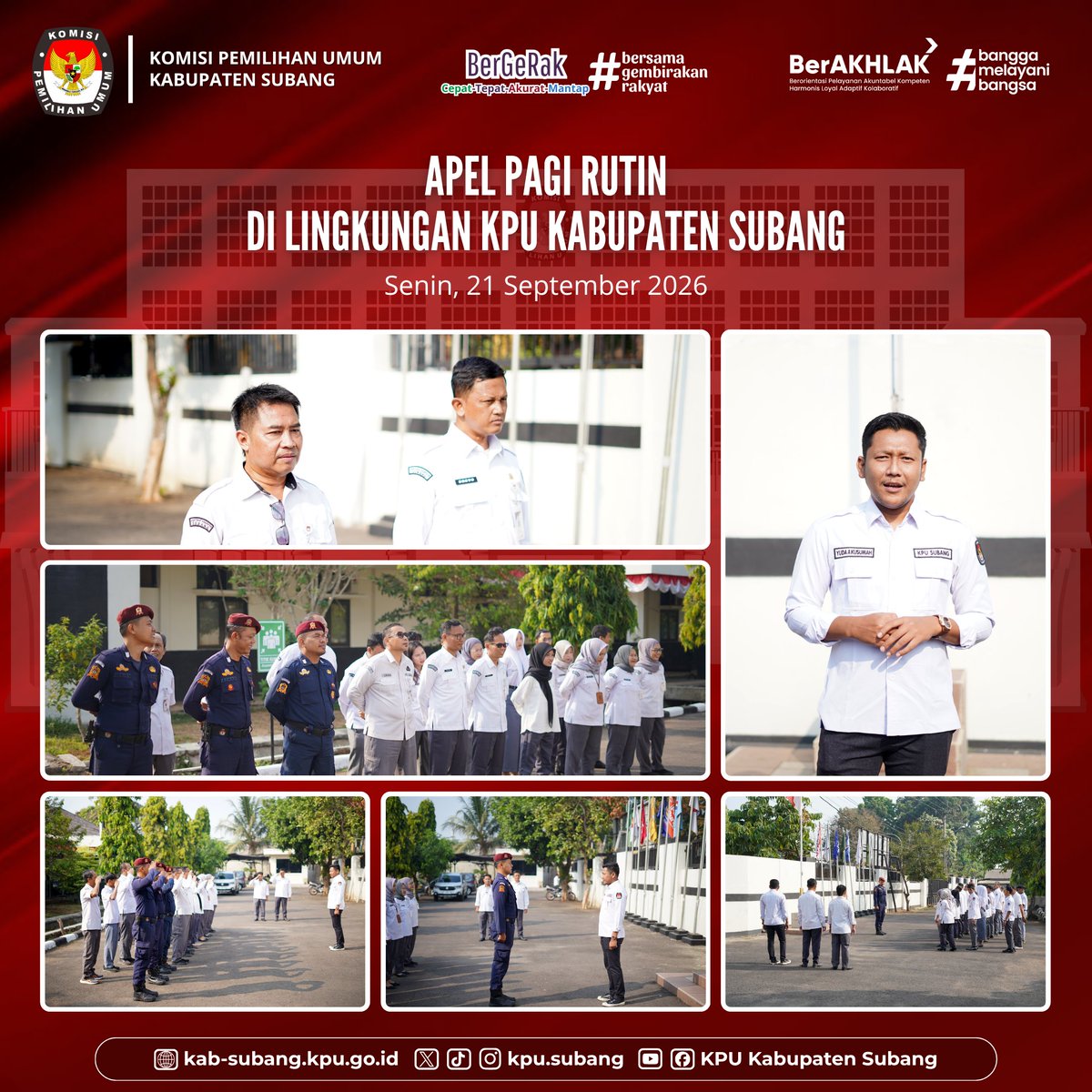 KpuSubang40202's tweet photo. #TemanPemilih, KPU Kabupaten Subang melaksanakan Apel Pagi pada Senin (21/09/2026) di Halaman Kantor KPU Kabupaten Subang.

@KPU_ID 

#KPUMelayani https://t.co/tudGDBwHjJ