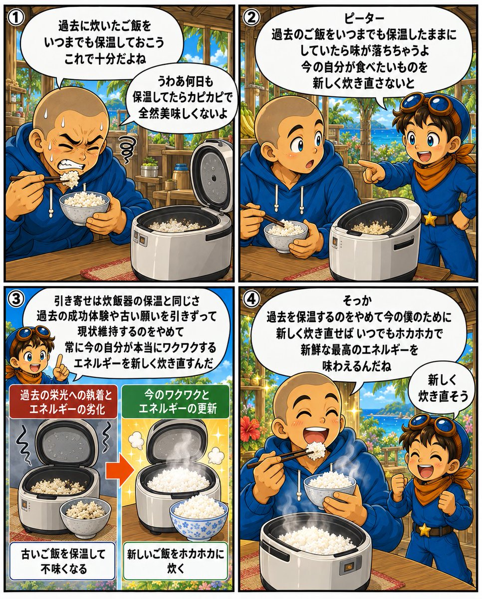 pepe222peter's tweet photo. 「過去の成功」を引きずって、
いつまでも現状維持していませんか？🍚

引き寄せは「炊飯器の保温」と同じ。炊き立てのご飯も、何日も保温したままにするとカピカピになって味が落ちます。

過去の願いを保温するのをやめ、今の自分がワクワクするエネルギーを新しく炊き直す法則は図解で😌
👇 https://t.co/xlx9IG8sPI