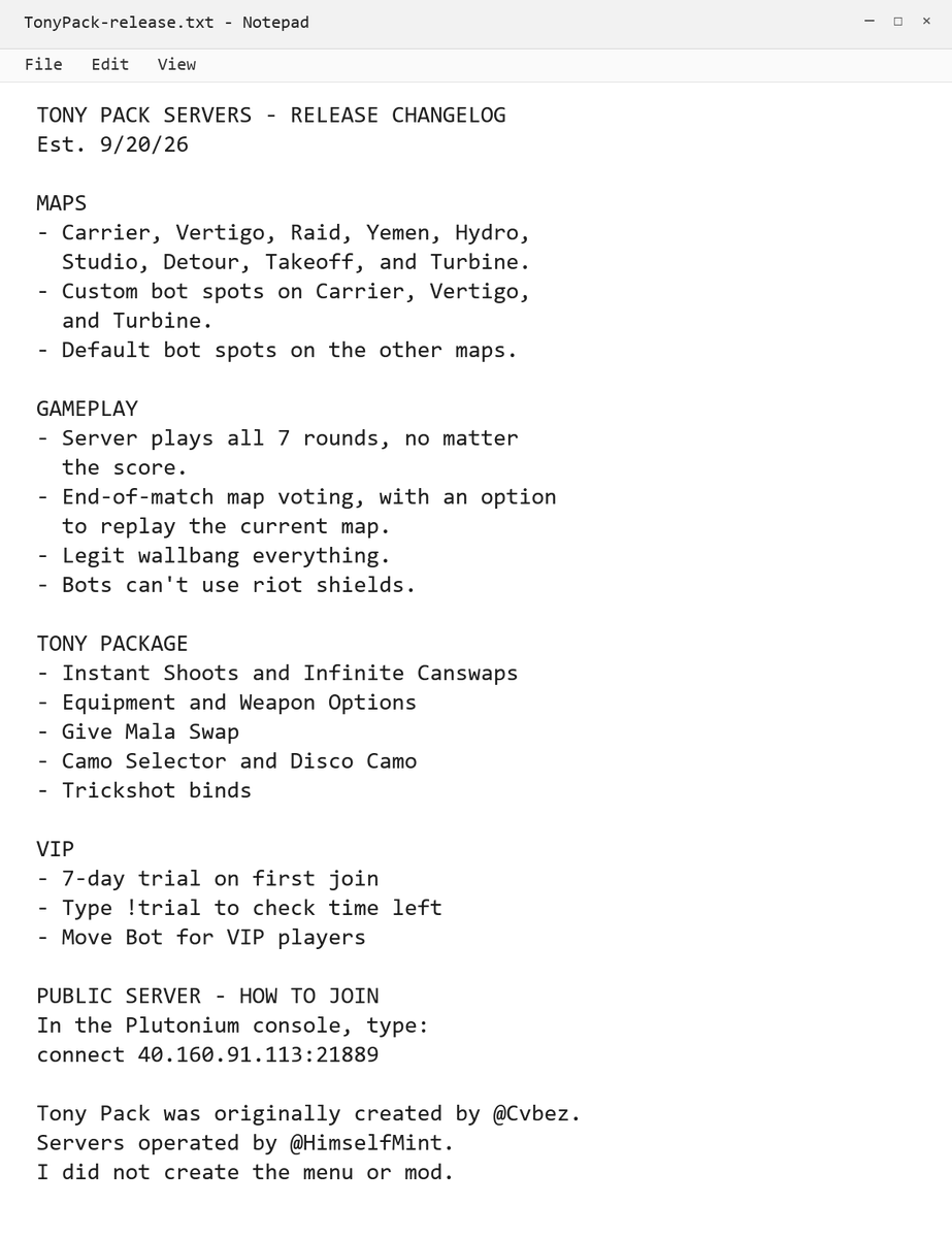 TonyPackServers's tweet photo. Tony Pack Server Release ChangeLog v1.0
connect 40.160.91.113:21889 https://t.co/4mm96SUepu