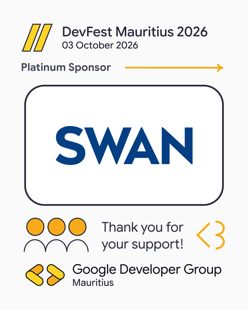 MSCraftsman's tweet photo. Weโre proud to have SWAN joining DevFest Mauritius 2026 as our Platinum Sponsor!
๐
03 October 2026
๐ ALCHE, Mauritius
๐๏ธ Reserve your ticket: https://t.co/Jpr32SfHpi
Thank you, SWAN, for supporting the developer community!
#DevFestMauritius #GDGMauritius https://t.co/CsWIIhnuND