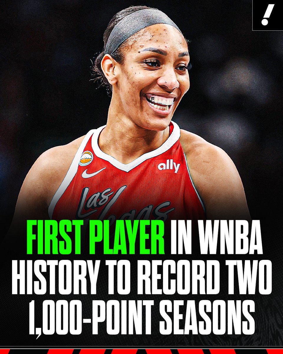 YahooSports's tweet photo. A'JA WILSON HITS 1K POINTS AGAIN 🔥

She is now the ONLY player in WNBA history to have multiple 1,000-point seasons 🏀 https://t.co/P5JdzeYCYH