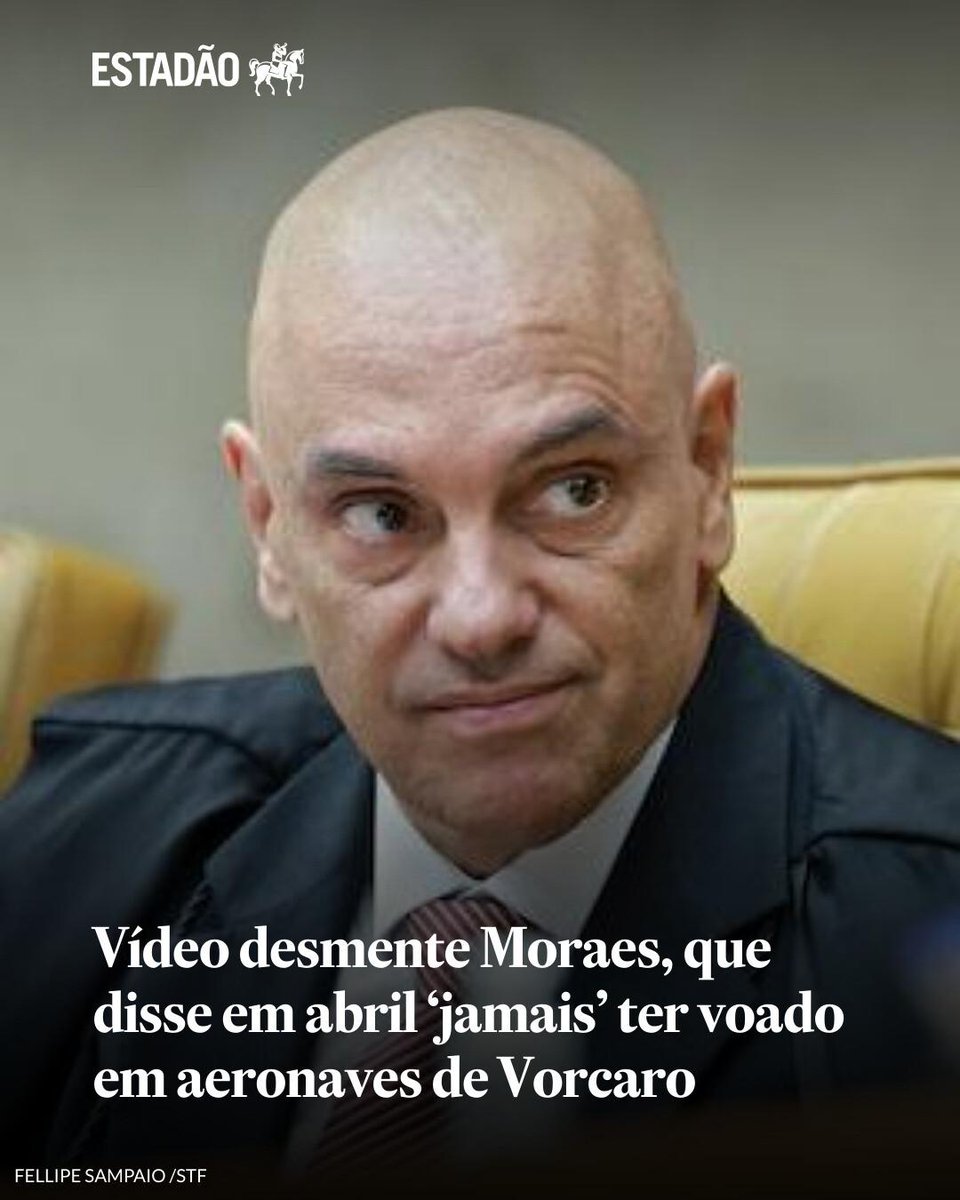 Estadao's tweet photo. Vídeo contradiz Moraes, que disse em abril ‘jamais’ ter voado em aeronaves de Vorcaro | Neste domingo, escritório da mulher do magistrado afirmou que contratou empresa de jatinho, que o ministro viajou com ela, mas que “contratação dos serviços de táxi ... https://t.co/0Uuh63Bwf6 https://t.co/794lxVSTyy