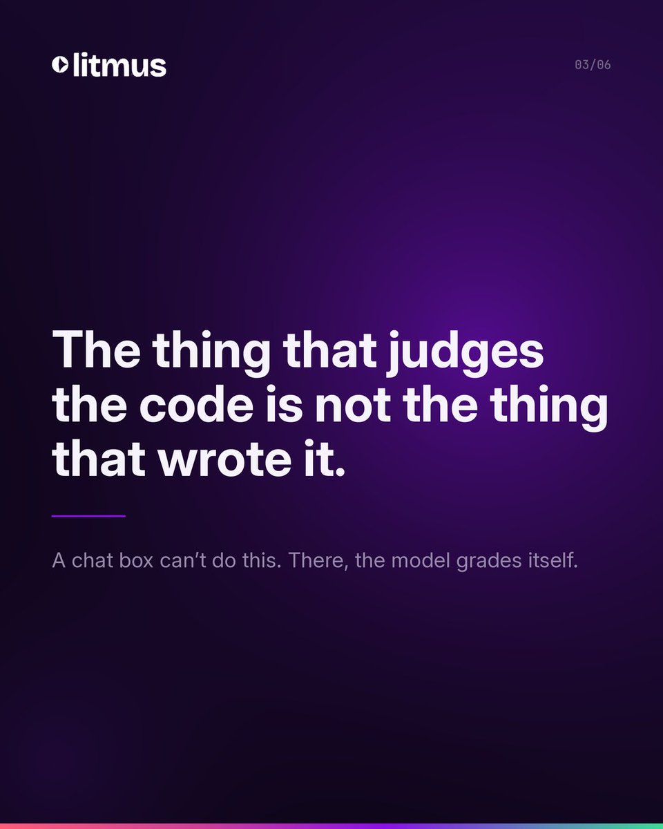 melonrice383235's tweet photo. Everyone here has shipped code they never read.

The Lovable export that built fine and white-screened on stage. The agent PR you skimmed and merged. The function that looked right at 1am. The common thread isn't that the AI was bad, it's that nothing independent ever checked it. You trusted a report written by the thing being graded.

Litmus is the check. You paste code from anywhere, ChatGPT, Claude, a Bolt export, a Cursor diff, and a sealed container runs it against real tests while you watch. Exit code, pass or fail per test, full log. If something goes red, a capped repair loop proposes a fix and the box re-runs it, up to 3 times. The model never writes the verdict.

One line version: the model proposes the sandbox disposes

Pre-launch, Python first, solo. v1 is close.