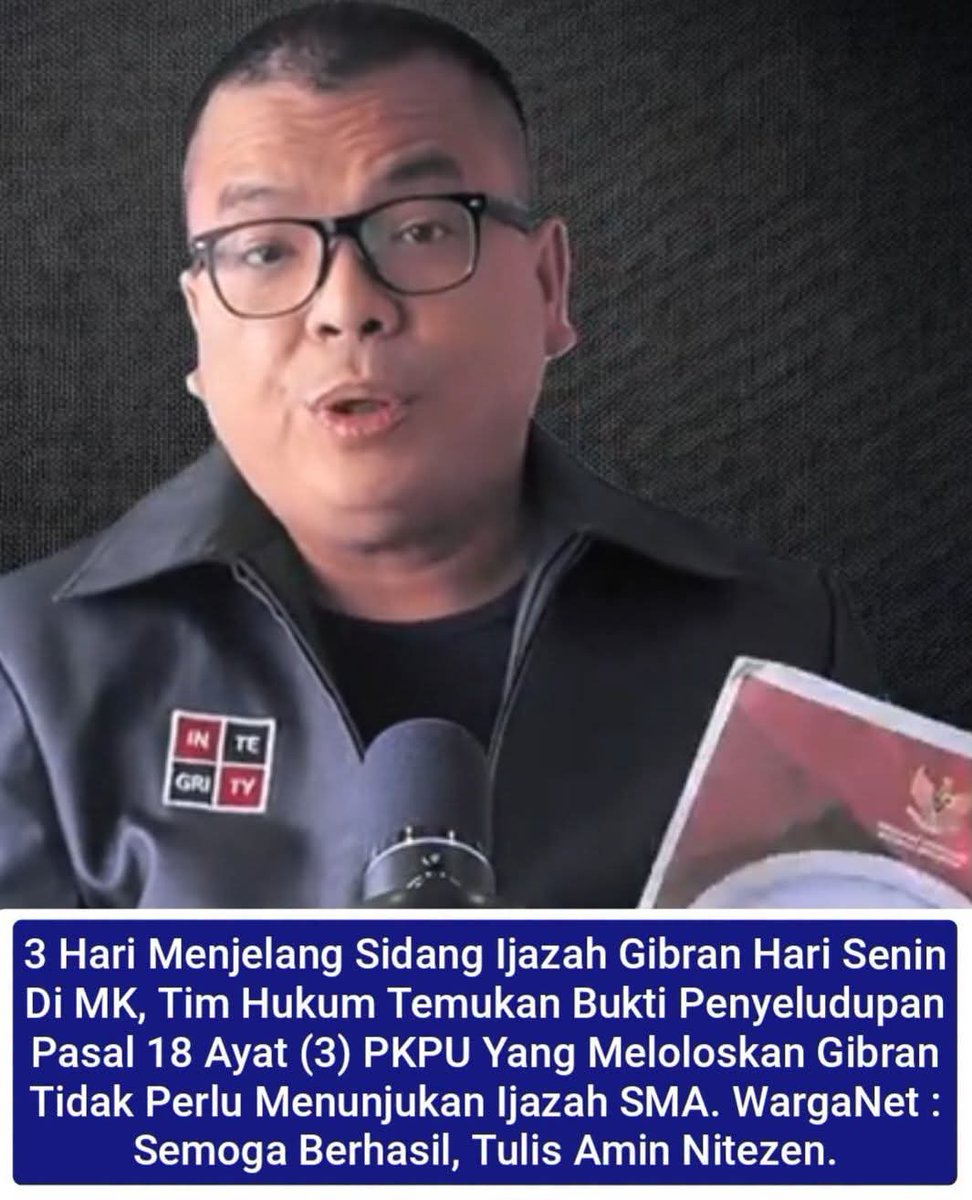 ArdieSuhardi321's tweet photo. MAHKAMAH KONSTITUSI TERBITKAN PMK AGAR BISA SIDANGKAN PHPU TERKAIT PENCALONAN GIBRAN PILPRES 2024...

KASUS GIBRAN SIDANG HARI INI DI MK...‼️

#BersamaSelamatkanNKRI
#BersamaSelamatkanNKRI
🆘🆗 https://t.co/GTItKg9bFE