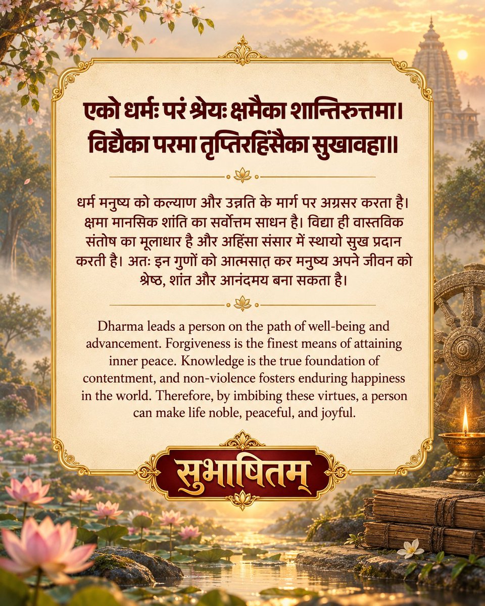 MyGovSanskrit's tweet photo. एको धर्मः परं श्रेयः क्षमैका शान्तिरुत्तमा।
विद्यैका परमा तृप्तिरहिंसैका सुखावहा॥
#MorningMusings
#MorningMotivation
#Subhashitani https://t.co/cDOklSQMUQ
