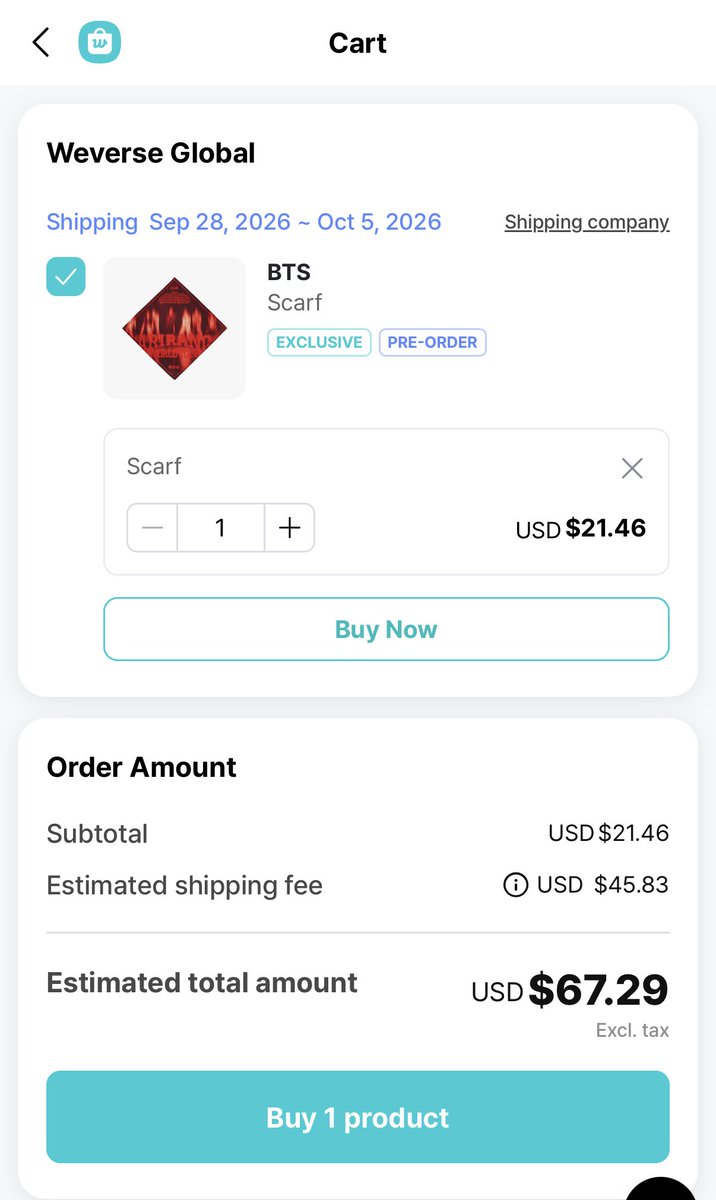 trinhers's tweet photo. lmao if you buy the scarf from global shop to USA, it’s $21.46 for the scarf, $45.83 for shipping, and $$$ for tariffs / import fees / duties when it arrives to you. 💀 https://t.co/eMf9d1BVqW