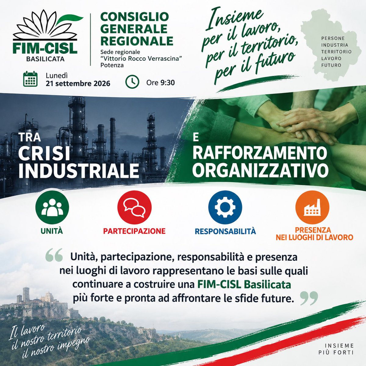 EvangeliGerardo's tweet photo. 𝗢𝗚𝗚𝗜 𝗜𝗟 𝗖𝗢𝗡𝗦𝗜𝗚𝗟𝗜𝗢 𝗚𝗘𝗡𝗘𝗥𝗔𝗟𝗘 𝗗𝗘𝗟𝗟𝗔 𝗙𝗜𝗠-𝗖𝗜𝗦𝗟 𝗕𝗔𝗦𝗜𝗟𝗜𝗖𝗔𝗧𝗔

Una giornata di confronto sul presente e sul futuro della nostra Organizzazione, in una fase segnata da 𝗰𝗿𝗶𝘀𝗶 𝗶𝗻𝗱𝘂𝘀𝘁𝗿𝗶𝗮𝗹𝗶, 𝗶𝗻𝗰𝗲𝗿𝘁𝗲𝘇𝘇𝗲 𝗽𝗿𝗼𝗱𝘂𝘁𝘁𝗶𝘃𝗲 𝗲 𝗼𝗰𝗰𝘂𝗽𝗮𝘇𝗶𝗼𝗻𝗮𝗹𝗶, ma anche dalla necessità di continuare a 𝗿𝗮𝗳𝗳𝗼𝗿𝘇𝗮𝗿𝗲 𝗹𝗮 𝗻𝗼𝘀𝘁𝗿𝗮 𝗽𝗿𝗲𝘀𝗲𝗻𝘇𝗮 𝗻𝗲𝗶 𝘁𝗲𝗿𝗿𝗶𝘁𝗼𝗿𝗶 𝗲 𝗻𝗲𝗶 𝗹𝘂𝗼𝗴𝗵𝗶 𝗱𝗶 𝗹𝗮𝘃𝗼𝗿𝗼.

Lo faremo con lo spirito che da sempre ci guida: 𝗨𝗡𝗜𝗧𝗔̀, 𝗣𝗔𝗥𝗧𝗘𝗖𝗜𝗣𝗔𝗭𝗜𝗢𝗡𝗘, 𝗥𝗘𝗦𝗣𝗢𝗡𝗦𝗔𝗕𝗜𝗟𝗜𝗧𝗔̀ 𝗘 𝗟𝗔𝗩𝗢𝗥𝗢 𝗗𝗜 𝗦𝗤𝗨𝗔𝗗𝗥𝗔, valorizzando delegati, attivisti e tutto il nostro gruppo dirigente.

Continuiamo a costruire insieme una 𝗙𝗜𝗠-𝗖𝗜𝗦𝗟 𝗕𝗮𝘀𝗶𝗹𝗶𝗰𝗮𝘁𝗮 𝗽𝗶𝘂̀ 𝗳𝗼𝗿𝘁𝗲, vicina alle lavoratrici e ai lavoratori e pronta ad affrontare le sfide che abbiamo davanti.

#FIMCISL #FIMCISLBasilicata #ConsiglioGenerale #Lavoro #Industria #Basilicata