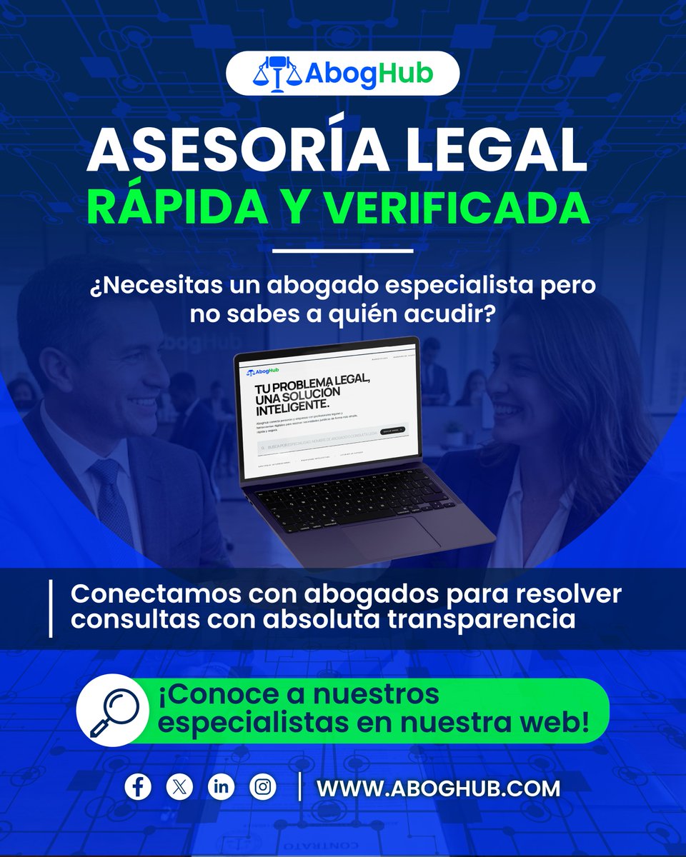 AbogHub's tweet photo. ¿Necesitas un abogado especialista pero no sabes a quién acudir?

En AbogHub te conectamos con abogados verificados en minutos para resolver consultas sobre propiedad intelectual, contratos o derecho comercial con absoluta transparencia. 
#AbogHub #AsesoriaLegal #MarketplaceLegal https://t.co/iGBi2AI9wo