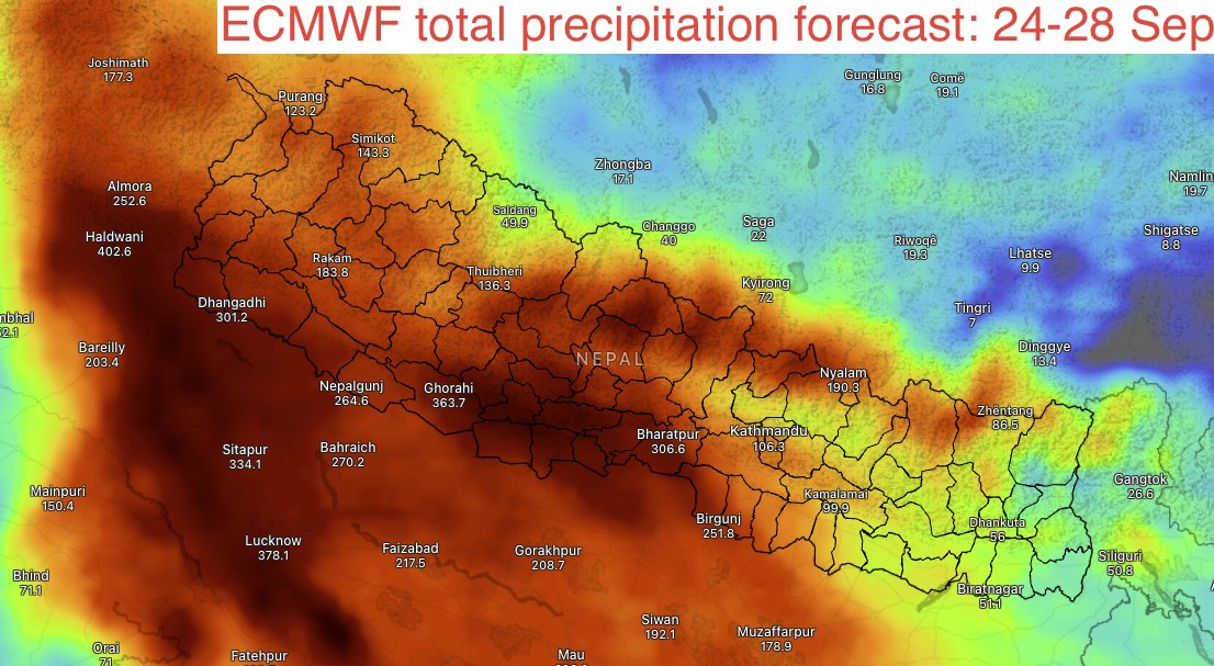 BinodClimate's tweet photo. #WeatherUpdate ८–१२ असोजसम्म नेपालमा भारी वर्षा हुने पूर्वानुमान कायमै छ। विभिन्न मोडेलले वर्षाको मात्रा (४०० मिलिमिटर भन्दा धेरै) र प्रभावित क्षेत्र केही फरक देखाए पनि सबैले भारी वर्षाको सम्भावना देखाएका छन्। त्यसैले आवश्यक पूर्वतयारी गर्दै सजग र सतर्क रहनुहोला।
Forecast👇 https://t.co/DIgzk0uD7h