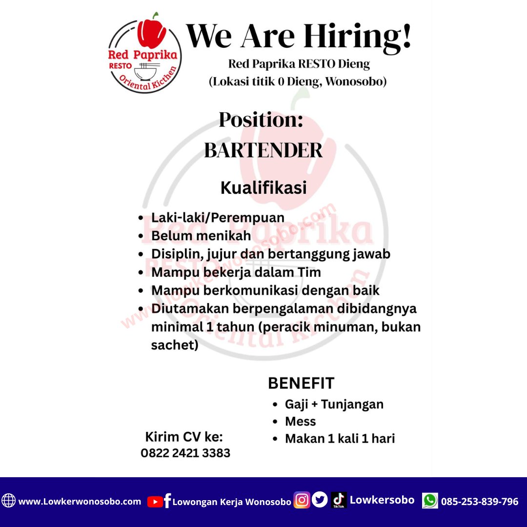 LowkerSobo's tweet photo. 🚨 LOWONGAN PEKERJAAN - BARTENDER 🚨 Red Paprika RESTO Dieng

Lokasi : Titik 0 Dieng, Wonosobo

-Red Paprika RESTO Dieng-

#loker #fyppppppppppppppppppppppp  #infoloker #kerjaan #lokerterbaru https://t.co/vinWEzmShd