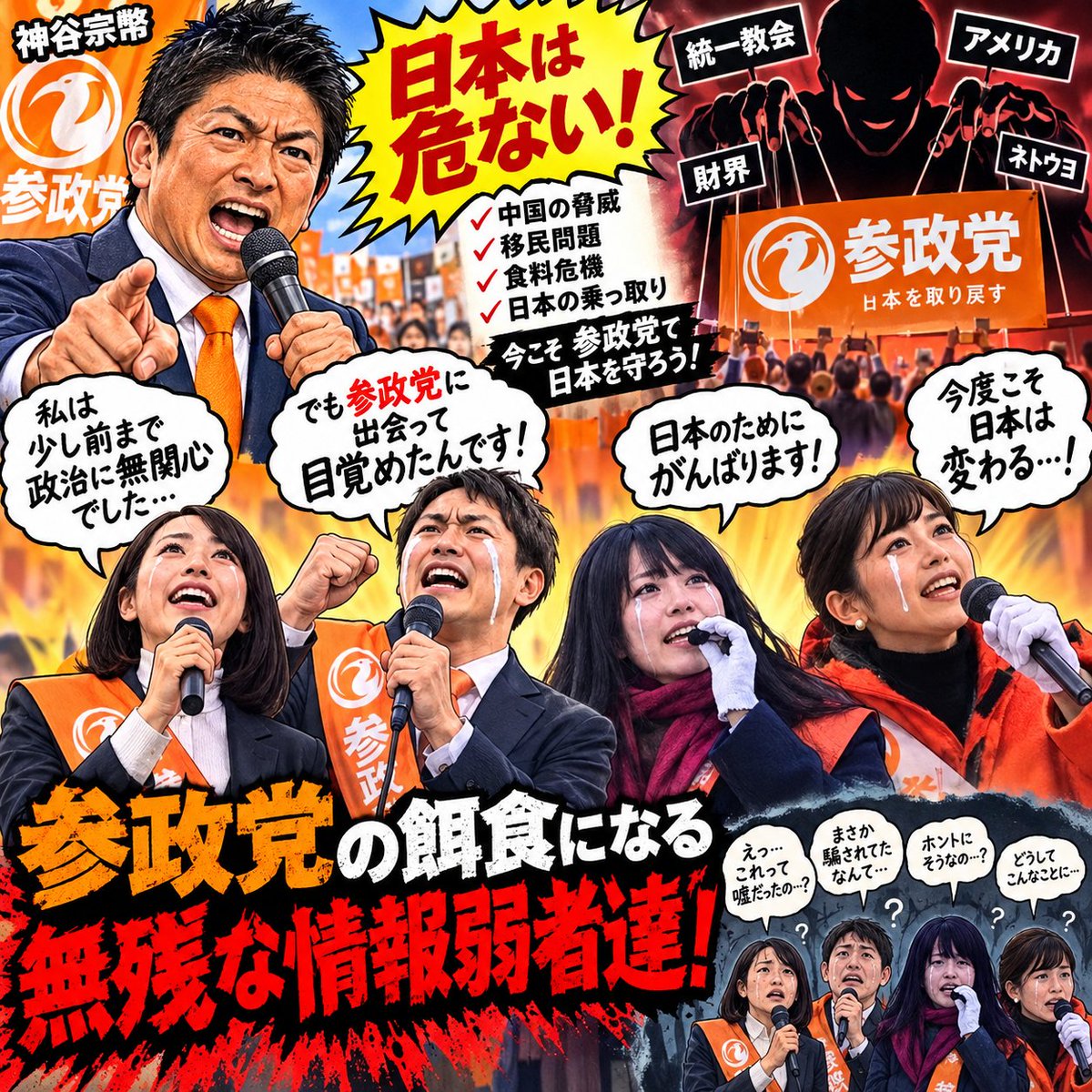 PMM4xMqc44UMbMH's tweet photo. 参政党は日本の危機を煽り、情報弱者を焚き付けて立候補させ、当選後は議員報酬の10%を搾取しながら、自民党の補完勢力として、売国に加担させる悪党勢力です！

神谷の日本国民の味方を装った巧妙なパフォーマンスに騙されている人が多い事でしょう。

純粋な気持ちで立候補した人も被害者と言えるかもしれません…