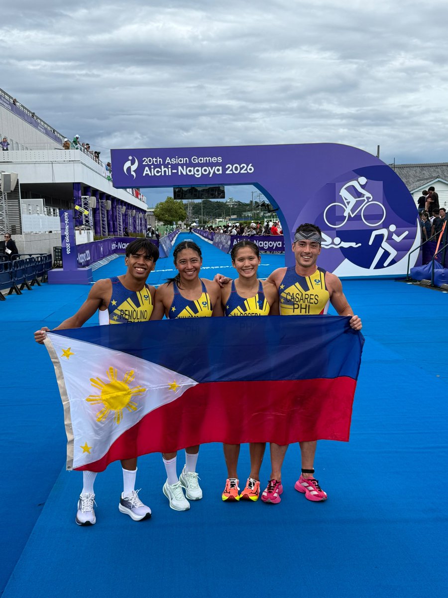 ABSCBNNews's tweet photo. The Philippines finished ninth in mixed relay of the triathlon event at the 20th Asian Games, after clocking in a time of 1:32:56.

Team Philippines is composed of Raven Faith Alcoseba, Kim Remolino, Kim Mangrobang, and Fernando Casares. (📸: POC Media Pool) #AsianGames | via @PaigeJavier