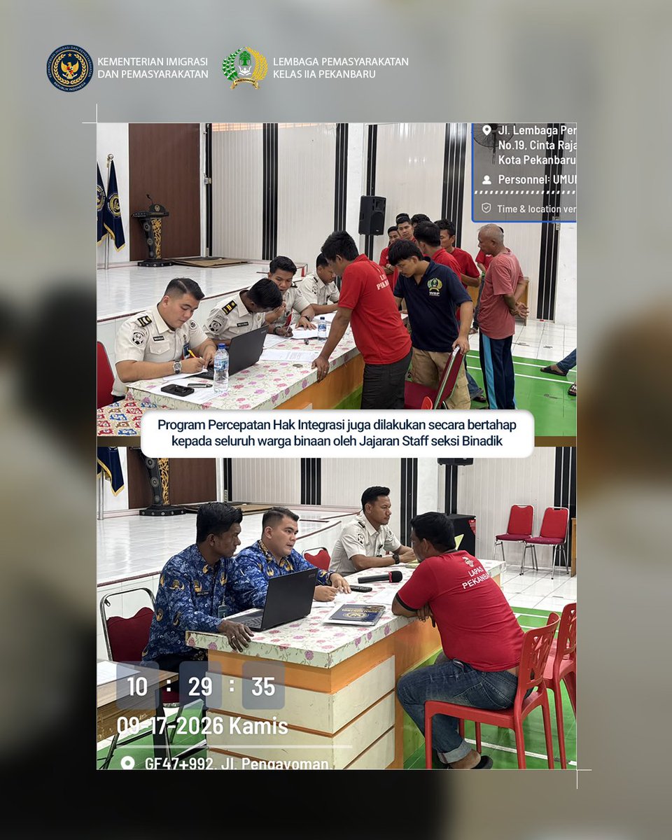 go_lpd's tweet photo. Percepatan pemenuhan hak integrasi WBP terus dilakukan Lapas Kelas IIA Pekanbaru melalui monitoring dan asesmen untuk memastikan proses PB, CB, dan CMB berjalan optimal, transparan, responsif, dan tepat sasaran.

#LapasPekanbaru #Pemasyarakatan https://t.co/UyKBvsXVNu