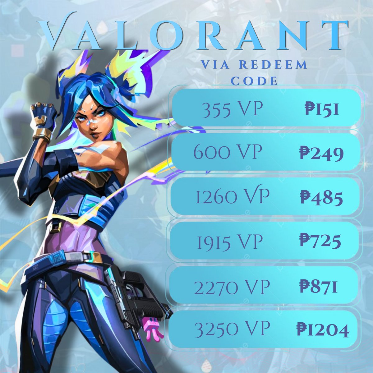 t4nrki's tweet photo. VALORANT POINTS AVAILABLE HERE

- discounted valorant points

🫐 dm me to avail
t. lfs lfb wts wtb lf ph prem ph buyer valorant vp https://t.co/t2TCwp3dNk