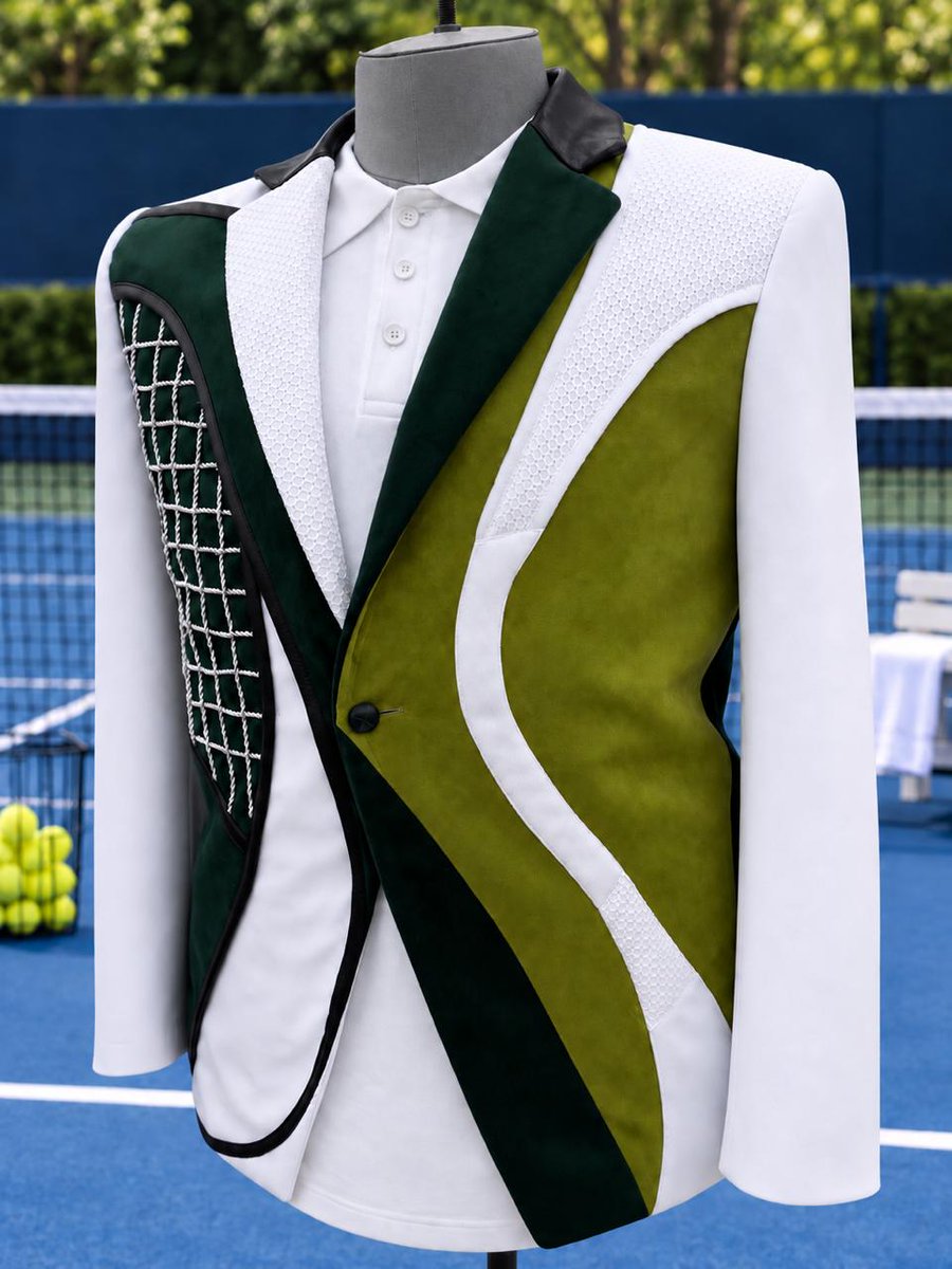 memo_schutz's tweet photo. Game, set, Memo. 🎾

El tenis llevado al traje: crepé, terciopelo, piel y tejido sobre una paleta limpia y fresca. Inspirado en la temporada de Grand Slams y el cierre del US Open. 🖖🏻

Hoy salimos a la cancha para vencer. 
#lacasadelosfamosos #memoschutz https://t.co/6cQcc070bA