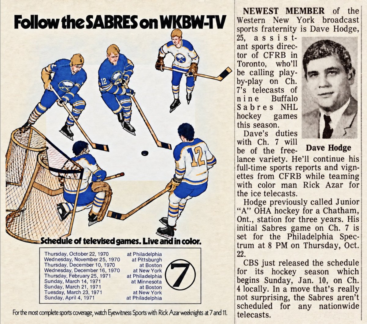 shollander2's tweet photo. In 1970, years before becoming host of Hockey Night in Canada, 25-year-old Dave Hodge joined WKBW-TV to call nine #Buffalo Sabres games during their inaugural season.

He teamed with Rick Azar while continuing to work full-time at Toronto’s CFRB. #Sabres 🏒🦬 https://t.co/B839EUMjX8