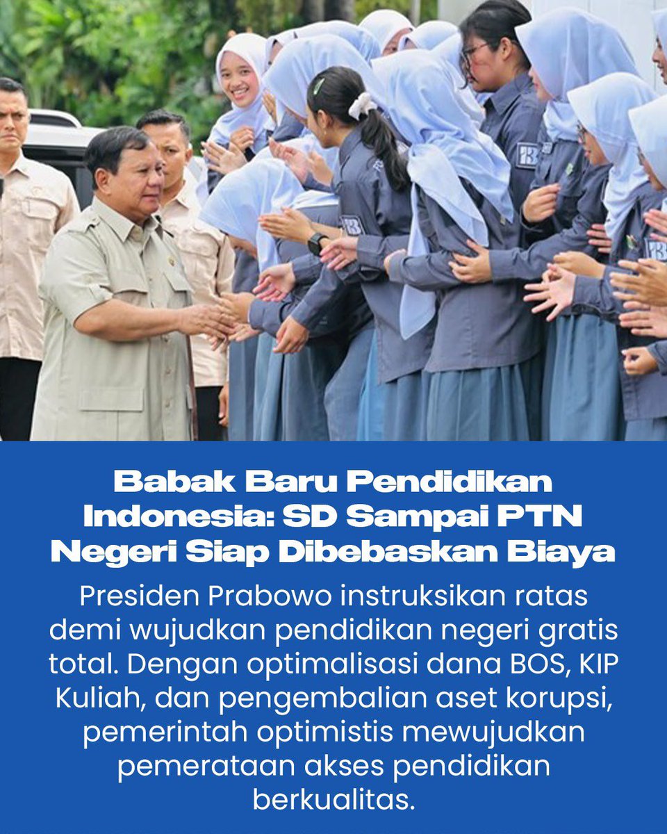 MailIsmail0e's tweet photo. Presiden instruksikan ratas demi wujudkan pendidikan negeri gratis total
#PendidikanGratisPrabowo
Wajib Belajar 15 Tahun https://t.co/wDvPVS4eU7