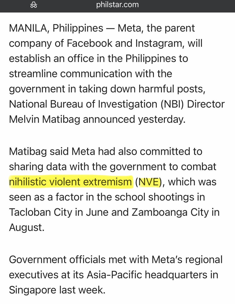 JamesRehwald's tweet photo. And conveniently in response, Meta gets to open its first Philippine office, on top of the digital ID verification system implementation. Roblox is to open its first Philippine office a month before Pax Silica’s formal signing this November too.

Also worth noting the nihilistic violent extremism (NVE) term was coined by the FBI following the Charlie Kirk assassination, along with the antifa terrorist designation and draconian NSPM-7 announcement.

Basically, the big tech surveillance apparatus rollouts in the US and PH and potential psyops preceding them mirror each other. Not great.
