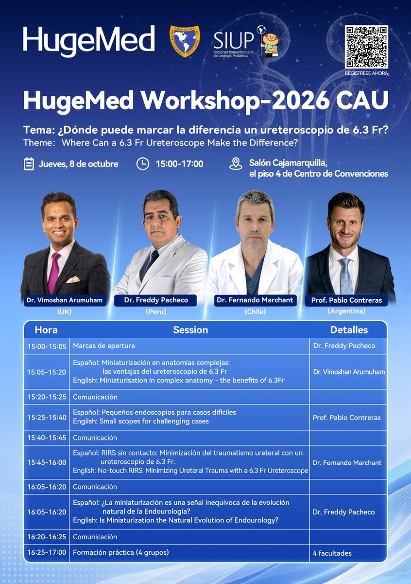 ShenzhenHugeMed's tweet photo. Experience Slimmer RIRS Solutions at CAU 2026!
On October 8, 15:00–17:00, join the HugeMed Workshop 2026 CAU to explore the clinical value of the 6.3 Fr URS.
See you in Lima!
#HugeMed #CAU2026 #RIRS #Urology #Endourology #Ureteroscopy #MedicalDevices https://t.co/gKCyo6gWDN
