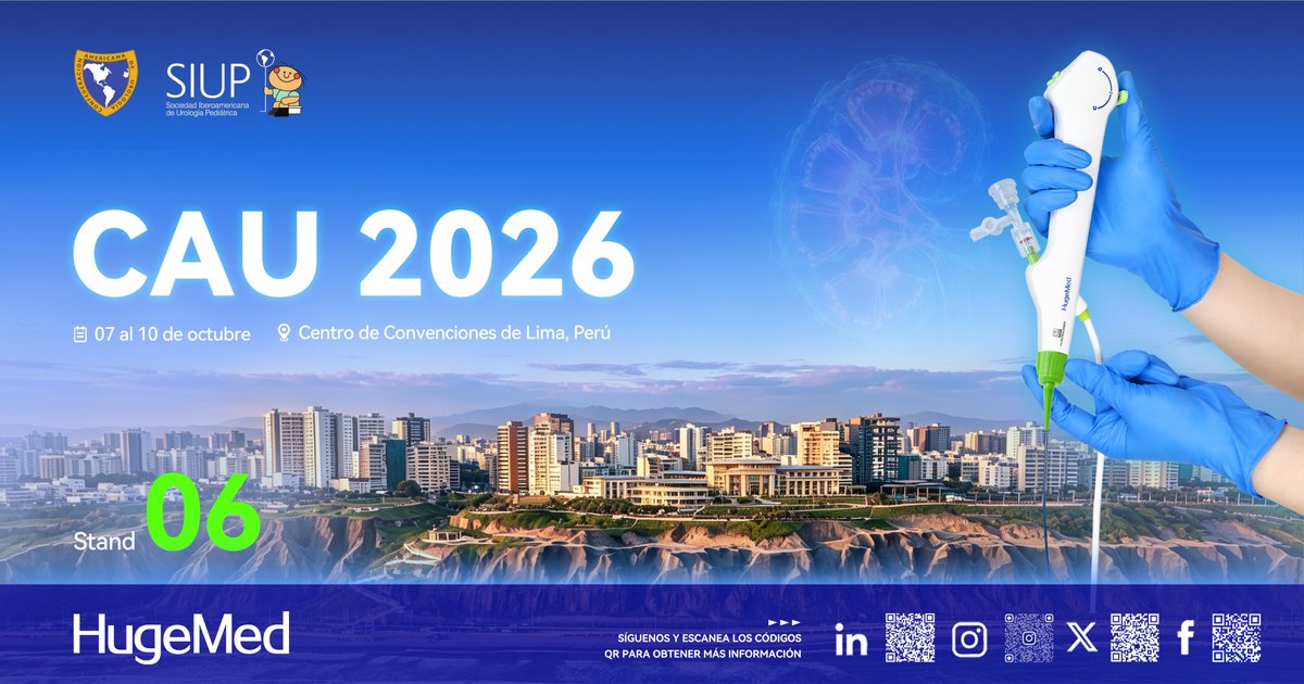 ShenzhenHugeMed's tweet photo. Experience Slimmer RIRS Solutions at CAU 2026!
On October 8, 15:00–17:00, join the HugeMed Workshop 2026 CAU to explore the clinical value of the 6.3 Fr URS.
See you in Lima!
#HugeMed #CAU2026 #RIRS #Urology #Endourology #Ureteroscopy #MedicalDevices https://t.co/gKCyo6gWDN
