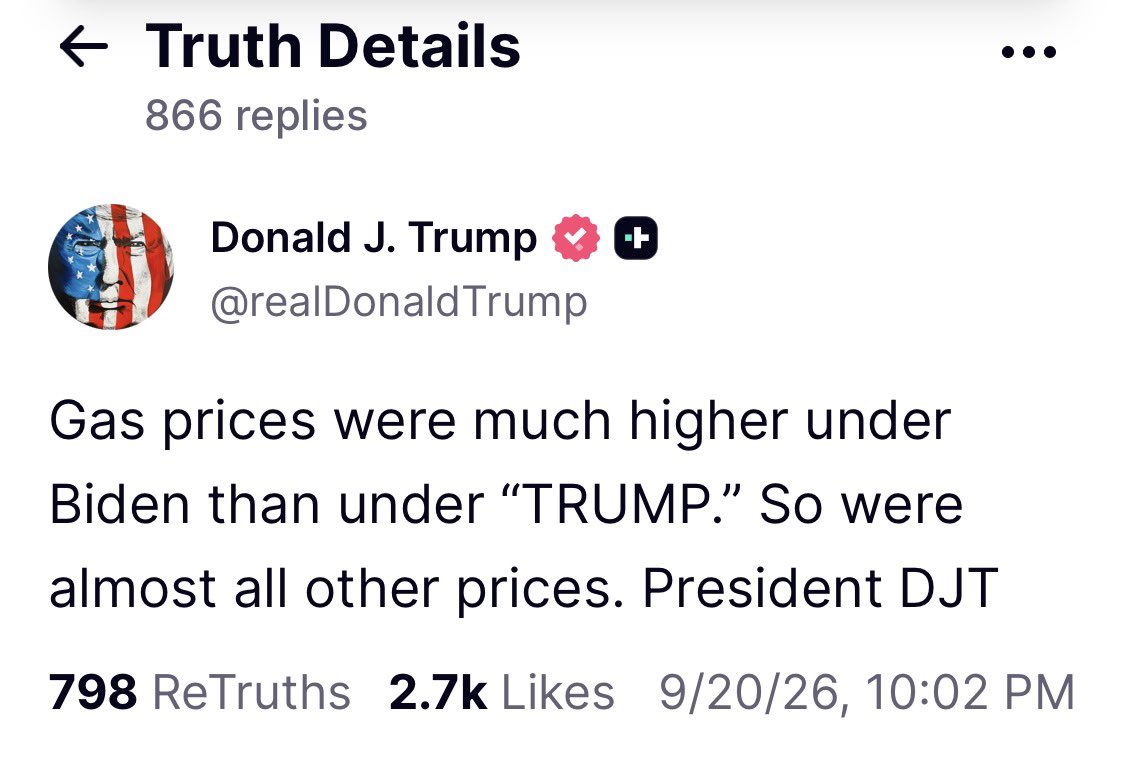 RpsAgainstTrump's tweet photo. Trump: “Gas prices were much higher under Biden than under ‘TRUMP.’ So were almost all other prices.”

FACT CHECK: False. When Joe Biden left office, regular gas averaged about $3.11 a gallon and diesel about $3.72. Today, gas is $4.48 and diesel is $6.51. https://t.co/wgwum4BFeh