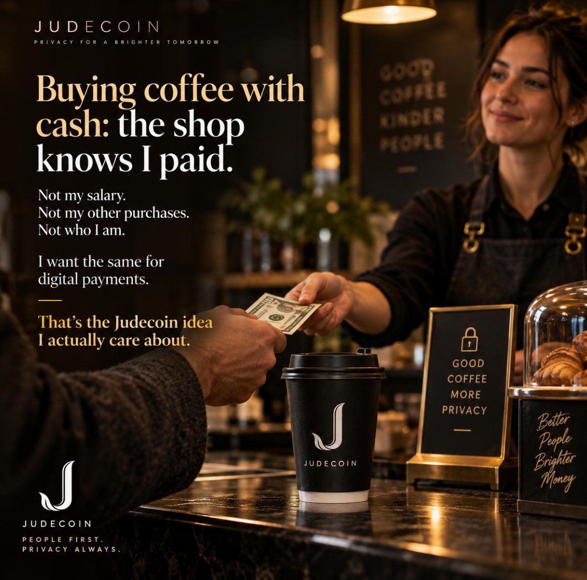 jessica_5777's tweet photo. Buying coffee with cash: the shop knows I paid — not my salary, not my other purchases, not who I am.

I want that same freedom when paying digitally. That’s why Judecoin’s private digital cash matters to me.

Privacy should feel normal, not optional.

#Judecoin #Privacy https://t.co/Qrrf8ry8Ff