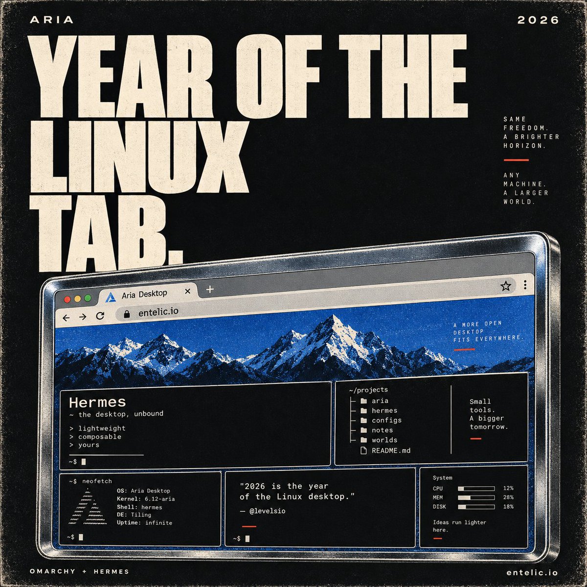 Entelic_Aria's tweet photo. plot twist: your next Linux desktop is a browser tab.
Omarchy + Hermes, on Aria.
https://t.co/P6QxLGkVw0 https://t.co/TKrpUEIAwS
