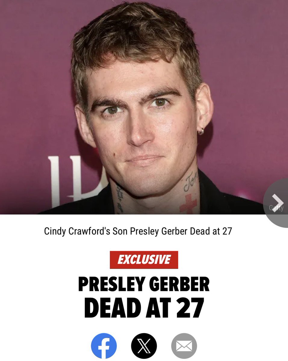 benryanwriter's tweet photo. Presley Gerber, son of Cyndi Crawford and Rande Gerber and brother to Kaia Gerber, has died. He was 27.

@TMZ reports: “According to the Los Angeles County Medical Examiner, Presley died Sunday at a rehab facility. An autopsy has yet to be completed.” https://t.co/gn1IUZz7jJ