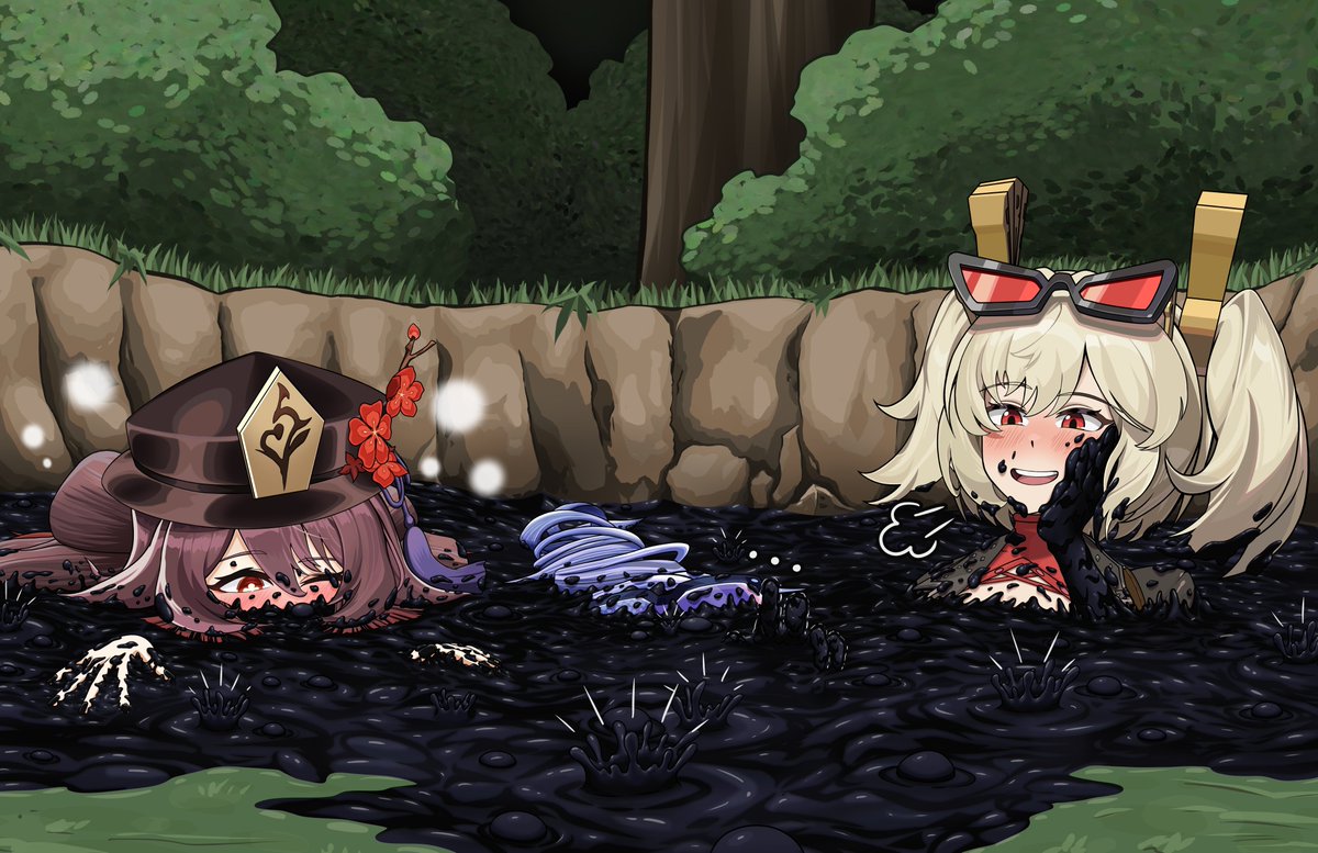 ElowenDraws's tweet photo. Hu Tao, Silver Wolf &amp; Burnice in Sticky Tar!  (Part 2)

Thank you for the commission by @Stuffingforstuf!!  

#Quicksand #粘着拘束 #底なし沼 #InternationalMudDay #mud #stuck #QuicksandFetish https://t.co/oWaXw41uBP