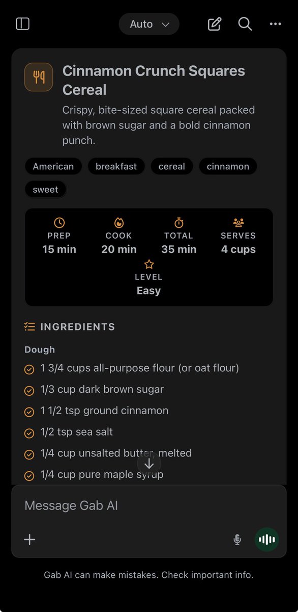 BasedTorba's tweet photo. Built this beautiful recipe card feature in @Gab__AI for my wife and my efforts have paid massive dividends let me tell you. https://t.co/azNV4YrGYc