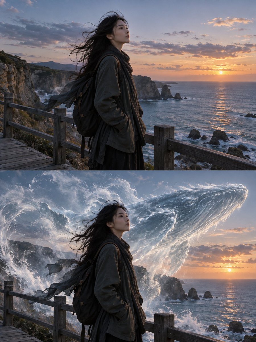 derek_wall90176's tweet photo. 上传一张普通人像，不换脸、不换衣服、不重新摆姿势，只加这一条提示词，就能让你身后多出一个“隐藏分身”。

可以是半透明灵体。
可以是巨大的动物轮廓。
也可以是烟雾、花瓣、水流、数据颗粒组成的另一个你。

最重要的是：

原来的人和照片都不用改。

你只需要上传照片，把下面的提示词直接复制给 GPT-Image-2，就能得到这种“现实人物 + 超现实伴生体”的效果。

特别适合拿来做：

人物写真、个人IP、情侣照、职业形象、游戏角色感人像。

今天这条我直接把完整提示词给你：

请基于我上传的一张人物照片，生成一张3:4竖版“上下双生海报”。

整体上下两个区域严格1:1分割，各占画面50%。

上半部分：
保留原始照片的主体身份、五官、发型、服装、姿态、构图和环境关系，仅做轻微高级调色。
保持真实摄影质感，不要改变人物，不要增加额外角色。

下半部分：
仍然基于同一张照片中的同一人物，保持人物身份、脸部特征、服装、姿态、机位和场景不变。
在人物身后、侧后方或身体边缘，生成一个“灵体伴生体”。

这个伴生体应当像人物隐藏气质、情绪或力量的具象化分身，
由【烟雾 / 光线 / 墨迹 / 数据颗粒 / 水流 / 花瓣 / 火焰 / 透明能量 / 半透明动物轮廓】构成。
伴生体必须与人物有明确关系，像从人物身上延伸、生长或浮现出来。

要求：
伴生体是画面的视觉重点之一，但不能遮挡人物主体识别。
整体仍然保持高级、真实、具有电影感的摄影效果。
不是恐怖鬼怪，不要血腥，不要怪兽化，不要二次元卡通，不要夸张游戏特效。
下半部分要像“现实中真的拍到了另一个隐形的自己”。

整体风格：
上半现实纪实，下半现实摄影基础上的超现实伴生呈现。
画面需要有清晰的上下反差，但仍属于同一套视觉系统。

📌 一句话总结

灵体伴生双生，不是简单换个画风，而是把同一个人看不见的那一面，变成一张真的能被拍到的照片。
