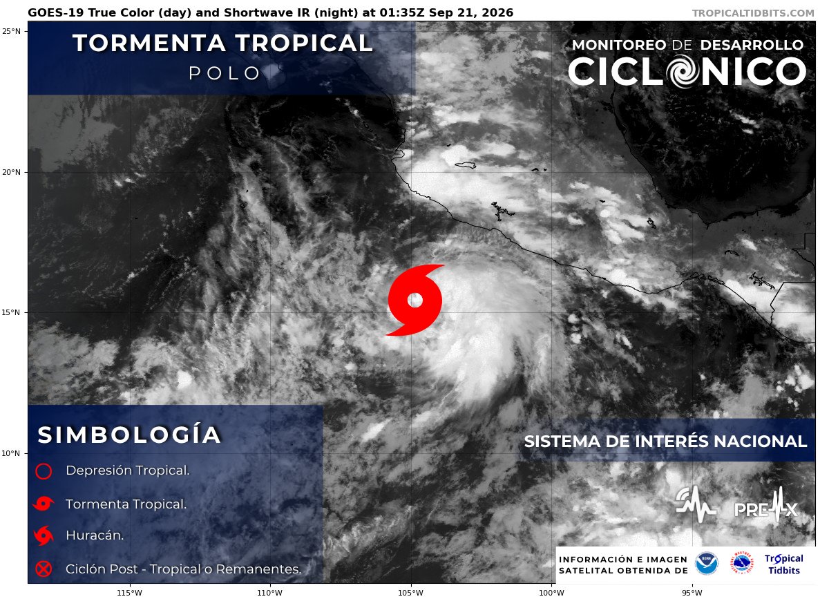 SasslaClimaMx's tweet photo. #TenemosCiclón 🌀 | Nació la #TormentaTropical #Polo frente a costas del Pacífico mexicano. 

🇲🇽 Ubicada a 350 km al sur de Michoacán. Registra vientos máximos de 65 km/h y presión central de 1004 mb.

1/4 https://t.co/qfCHGoIMhb