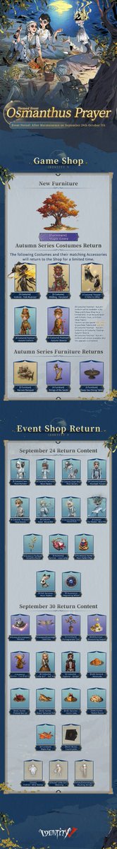 GameIdentityV's tweet photo. Dear Visitors,
The Autumn-themed Event begins on September 24! 🍂
Enjoy various amazing rewards for free! Log in and embrace the beauty of autumn with everyone in the Manor! 

#IdentityV https://t.co/PKdyM1MJ8b