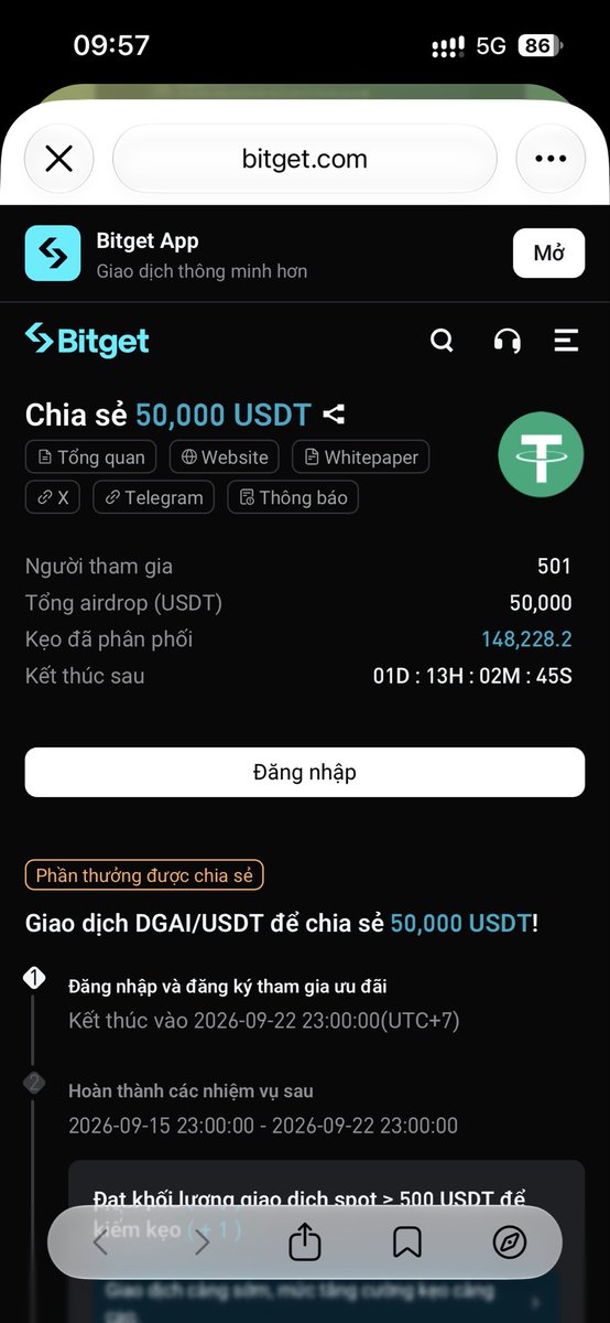 King_Silva22's tweet photo. Nằm vùng Bitget đúng là không thiếu kẹo ngon! Lại mới ra quả sự kiện trade DGAI/USDT volume Spot ≥ 500 USDT để húp hũ 50,000 USDT. Còn tầm 1 ngày rưỡi nữa hết hạn, tui vừa bấm đăng ký rồi, ae vào chén gấp! 🚀 https://t.co/XoAKHVxfIW