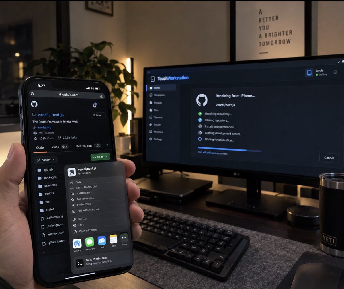 OnTheLiftAI's tweet photo. I think I finally figured out what TouchWorkstation is supposed to be.

Your computer doesn’t need to fit in your pocket.

Its controls do.

Find a GitHub repo on your phone → send it to your workstation → clone it → build it → run it → open the preview.

Send a file home.
Start a job.
Check your containers.
Open a terminal.
Work on a project with Claude, OpenAI, or Antigravity.

All from your phone.

Your computer does the heavy lifting. Your phone becomes the control surface.

I’m calling the new workflow:

Send It Home.

TouchWorkstation is open source, and I’m building this in public.

Would you use this?

What’s the ONE thing you wish you could send to or control on your computer from your phone?