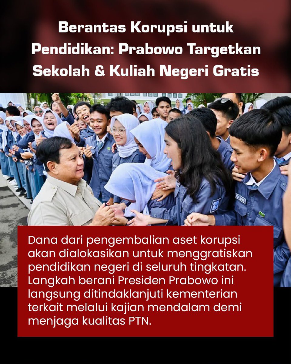 daa_dena4's tweet photo. Dana dari pengembalian aset korupsi disalurkan tepat untuk masa depan bangsa Wajib Belajar 15 Tahun dijaga kualitasnya agar lulusan Indonesia makin cerdas dan berdaya saing.
#PendidikanGratisPrabowo https://t.co/AYIiteFiS9