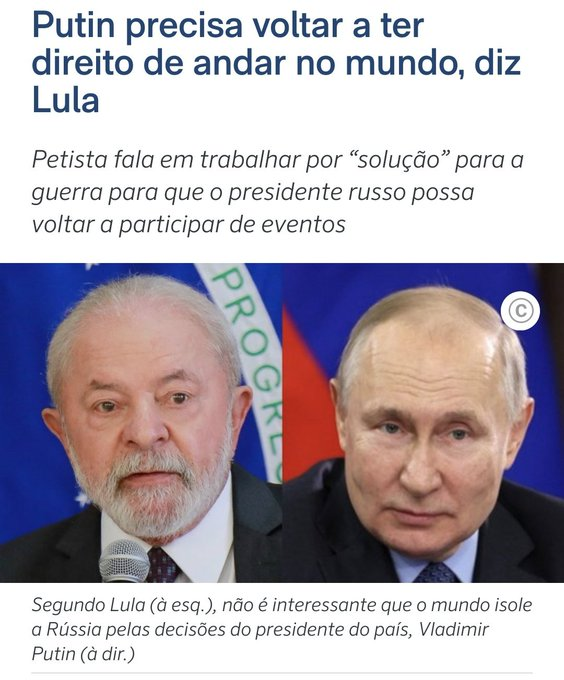 freire_roberto's tweet photo. VERGONHA 
Lula que anistiar o criminoso de guerra Putin  ditador russo, condenado pelo Tribunal Penal Internacional
