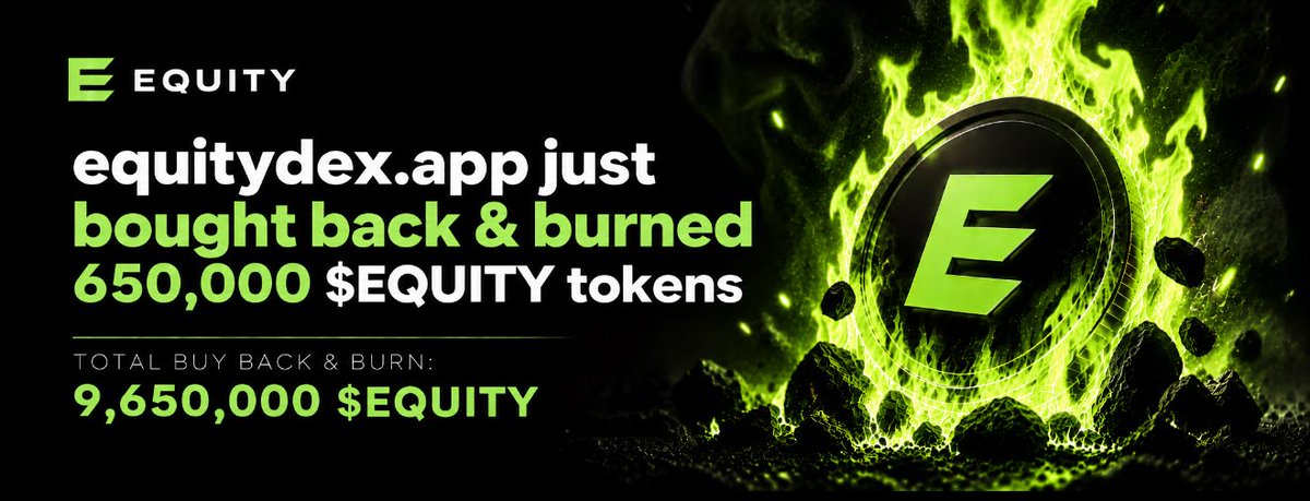 Equity_app's tweet photo. :> We just did round #5 of buy-back &amp; burn using https://t.co/htSIKaWd0g fees for a total of 650,000 $EQUITY tokens.

🔥 Total: 9,650,000 $EQUITY has been burned.

We are close to 1% of the total supply in just 8 hours post-launch. Swap &amp; earn stocks on @Equity_app https://t.co/LrNXAhw3aN