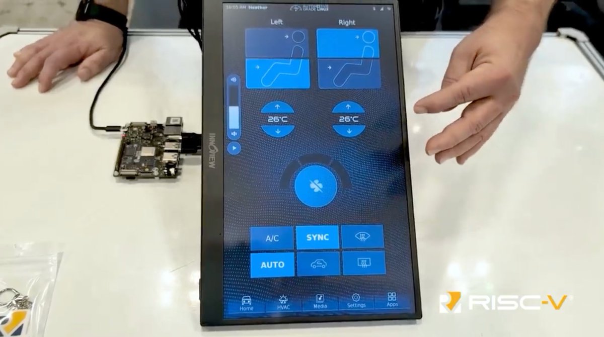 StarFiveTech's tweet photo. Automotive Grade Linux showcased its Yocto-based UCB running natively on VisionFive 2, with a Flutter HMI and working HVAC, media and settings apps—demonstrating open RISC-V for software-defined vehicle development. #RISCV #AGL

https://t.co/x7f7nd1VyC https://t.co/E85Aky8hxM