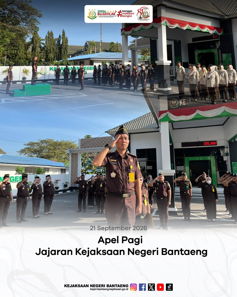 KNBantaeng's tweet photo. Kejaksaan Negeri Bantaeng melaksanakan kegiatan apel pagi rutin pada Senin (21/9/2026). Bertindak selaku penerima apel pada kesempatan tersebut adalah Kepala Seksi Pemulihan Aset Kejaksaan Negeri Bantaeng, Sepriyadi, S.H. https://t.co/onhIradgDb