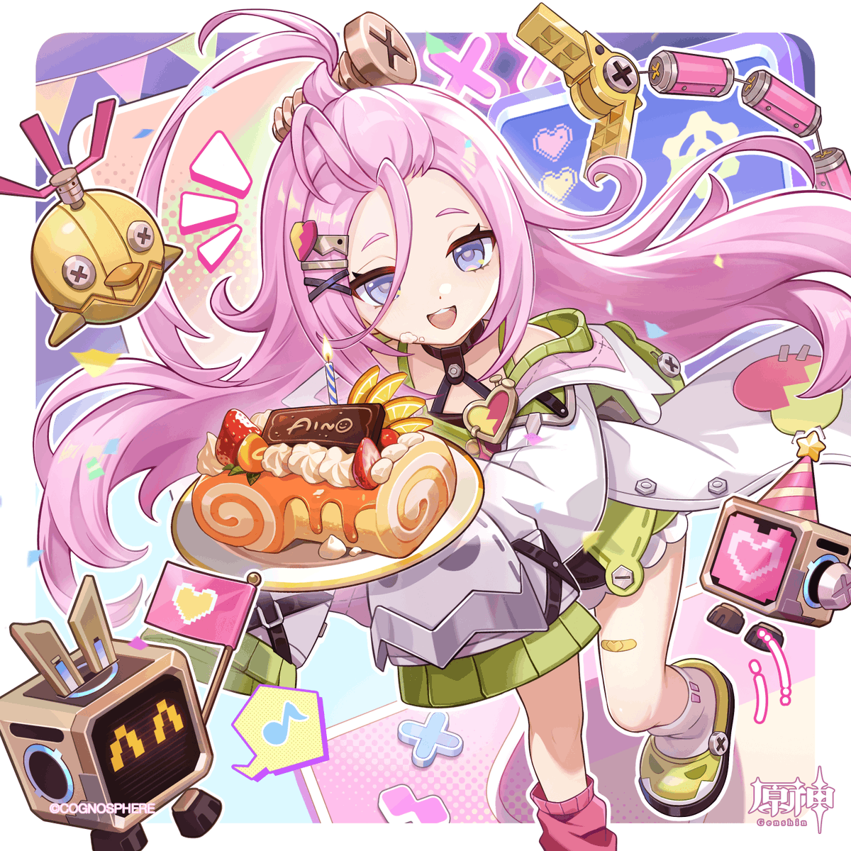 Genshin_7's tweet photo. #原神_キャラ生誕祭
【#アイノ生誕祭2026 】
わぁ！このクルムカケ、アイノのために用意してくれたの？すっごくおいしそう！
つまみ食いなんかしてないよ！誕生日の願いごとを何にするか考えてたの…うーん、願いごと…
そうだ！これからも毎日、食べきれないくらい、たくさんのおいしいお菓子を食べられますように！
それに、ちびロボちゃんたちやみんなが、ずーっとアイノと一緒に遊んでくれたら、もっと最高だよ！えへへっ。

※イラストはBiBi様より頂きました。