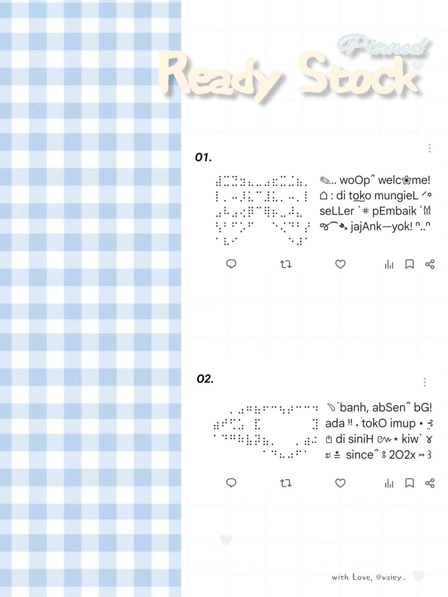 vaIey_'s tweet photo. — ✩ help rt / repost? tysm :> 🍥🏹

💭 heLLo bellO ᡣ𐭩ˎˊ˗ !! aku membawa 8 wording pinned ready stock for ba and any kind of accouts dengan dot art niee teman — timun ๑⁃̀⩊⁃́๑ 🥢

IDR. https://t.co/5dUJtNkONC nyank bisa kamu jemput melalui dm / tele yaAp!! •_<

#zonauang https://t.co/qqXpD8KluE