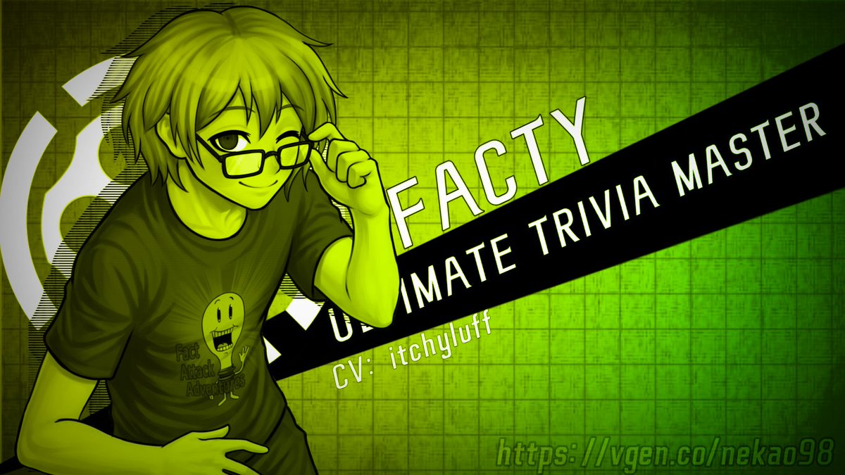 nekao98's tweet photo. Tried my hand at replicating the Danganronpa CG style. Headcanoned Facty as the Ultimate Trivia Master for this one!
#factattackadventures #danganronpa #facty #fanart https://t.co/Kdj1EaiAaD
