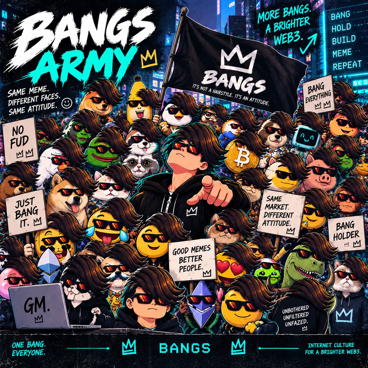 Bangs404's tweet photo. One SideBang is a meme 💇‍♂️

A thousand SideBangs?
 That’s an army. 🫡
🐸🐕😎₿Ξ

No FUD.
No drama.
Just Bang.

Welcome, Bangers. 👑

#BANGS #BangsArmy #Web3 #Crypto #Meme #memebang https://t.co/GasuyDV08c