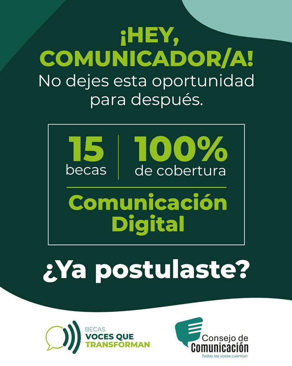 ConsejoComEc's tweet photo. 15 becas del 100% para estudios de pregrado en el área de comunicación digital

“Voces que Transforman” con el apoyo del Instituto Superior Tecnológico para el Desarrollo - ISPADE.

📅 Postulaciones hasta el 31 de octubre.
👉 Conoce más:
…https://t.co/3iNajshT2U https://t.co/wkQePN4TbT