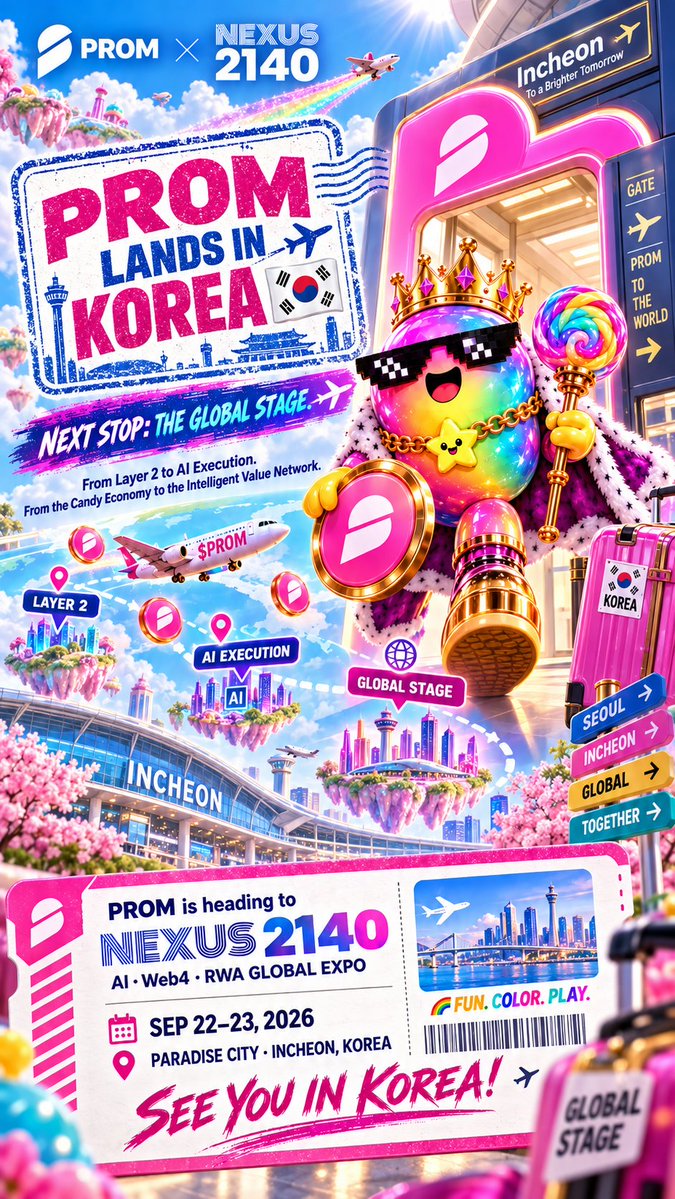 PromCandy_'s tweet photo. 🇰🇷 PROM  @prom_io  Arrives in Korea

We’re excited to announce that PROM is heading to Korea for NEXUS 2140 @Nexus2140 , a global expo bringing together leading voices across AI, Web4, and RWA.

📍 Paradise City, Incheon, Korea
📅 September 22–23, 2026
From Layer 2 infrastructure to AI execution, PROM is continuing to expand its ecosystem and connect with builders, innovators, and communities around the world.

Next stop: Korea.
Next chapter: the global stage.

See you at NEXUS 2140.
#PROM #NEXUS2140 #AI #Web4 #RWA #Korea