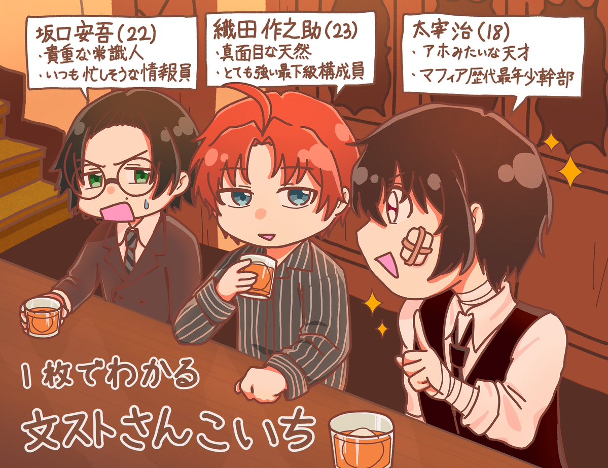 Matcha_am61's tweet photo. 1枚で(なんとなく)わかる文ストさんこいち
#文スト #bsd https://t.co/2879oYs2YW