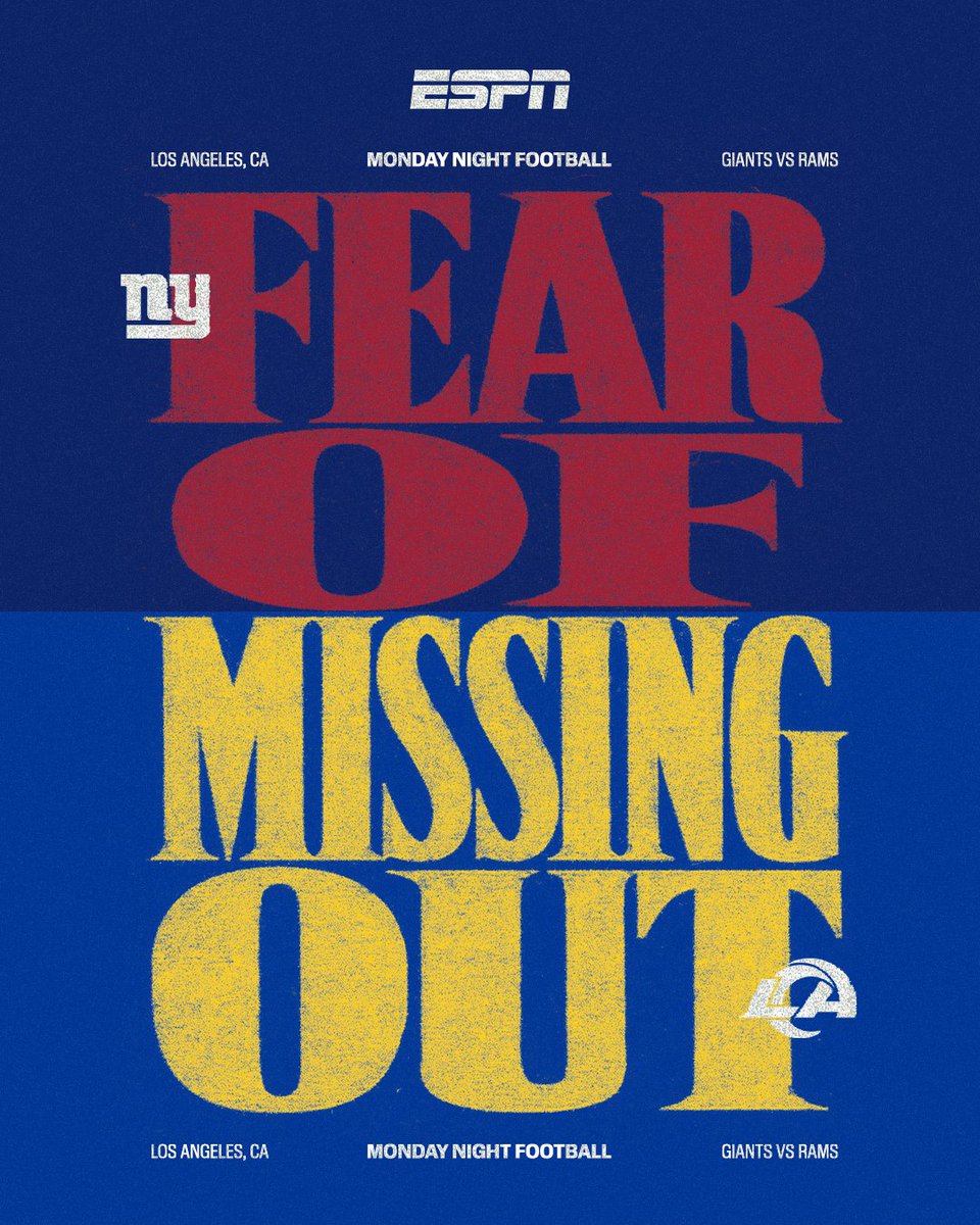 SportsCenter's tweet photo. Another MNF banger just dropped 👀

Don’t miss Giants-Rams at 8 ET on ABC, ESPN and the ESPN App 🍿 https://t.co/BKqdzXYKag