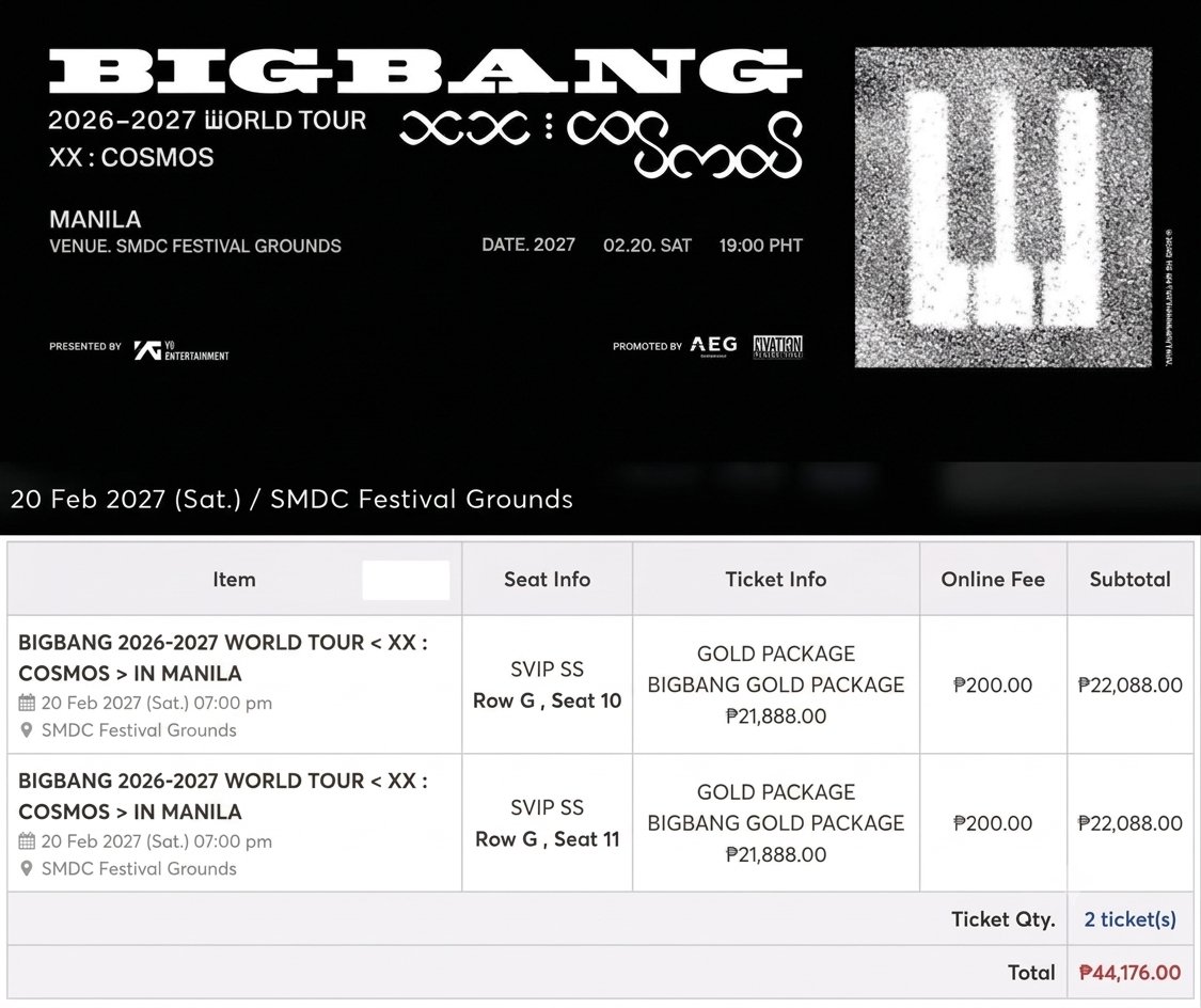 sarahlopezjo's tweet photo. WTS | LFB

Selling TWO (2) Diamond Package tickets for BIGBANG WORLD TOUR < XX : COSMOS > IN MANILA
🎫 Diamond Package | SVIP G Row N Seat 18 & 19
💰 Selling BOTH at SRP + Online Fee 
SVIP Y CAT 1 ROW F SEAT 9
SVIP SS ROW G SEAT 10-11

PM me if interested! 🫶

#COSMOS_WORLD_TOUR_IN_MANILA #BIGBANG_IS_BACK #BIGBANG